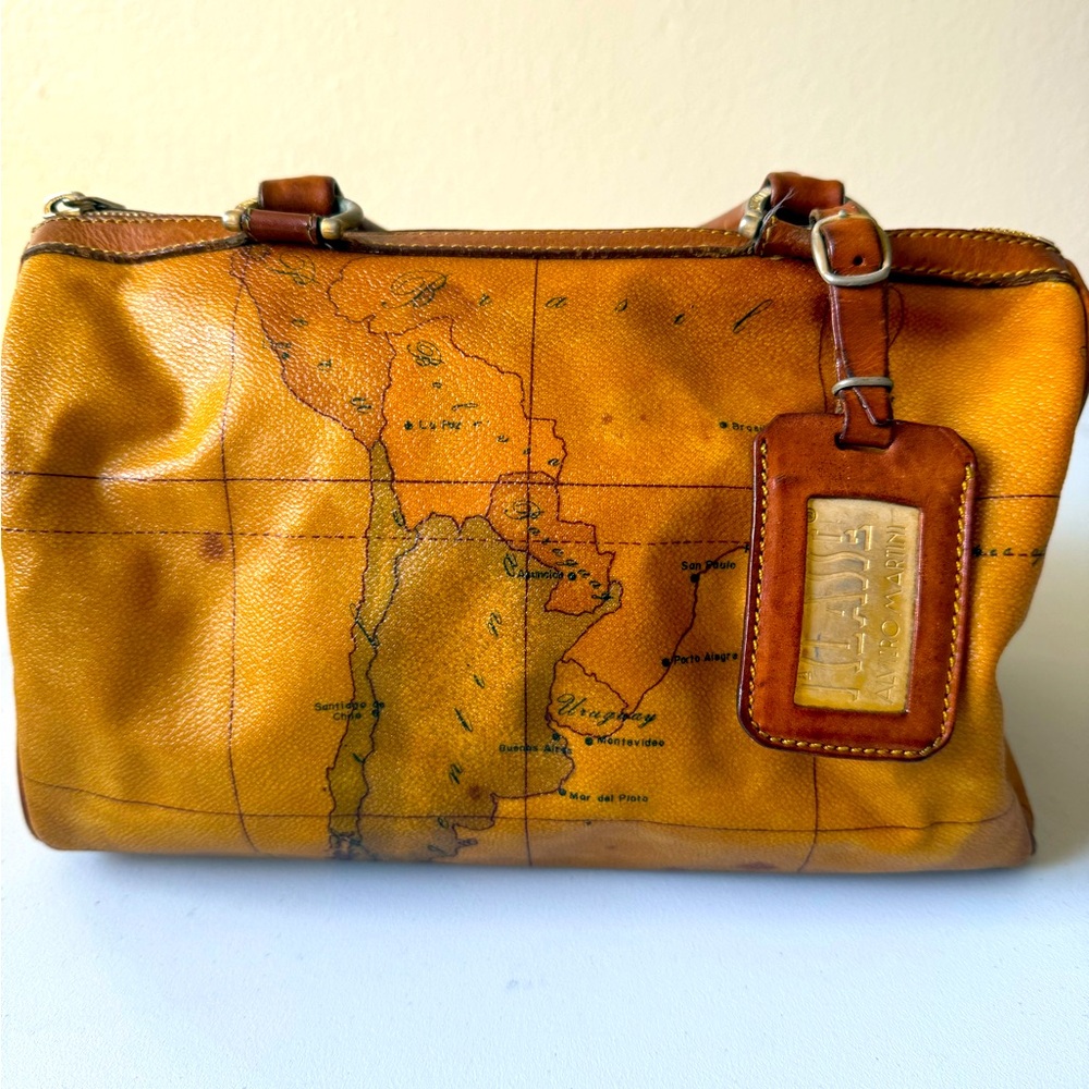ALVIERO MARTINI Vintage Geo Print Brown Leather Handbag.